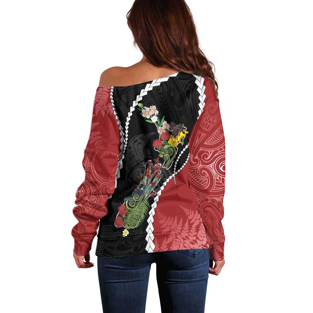 New Zealand Christmas Off Shoulder Sweater Flora Map with Birds - Polynesian Pride