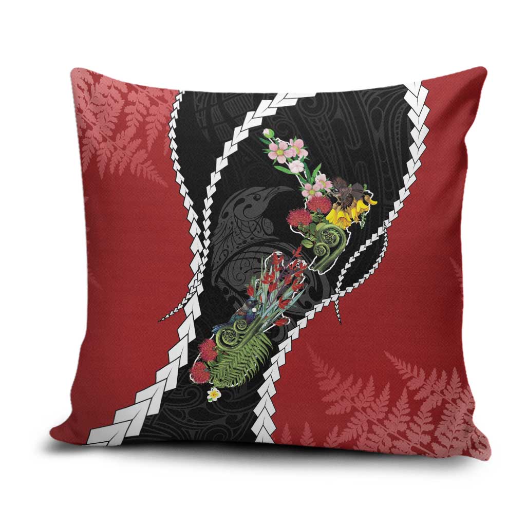 New Zealand Christmas Pillow Cover Flora Map with Birds LT7 Black - Polynesian Pride