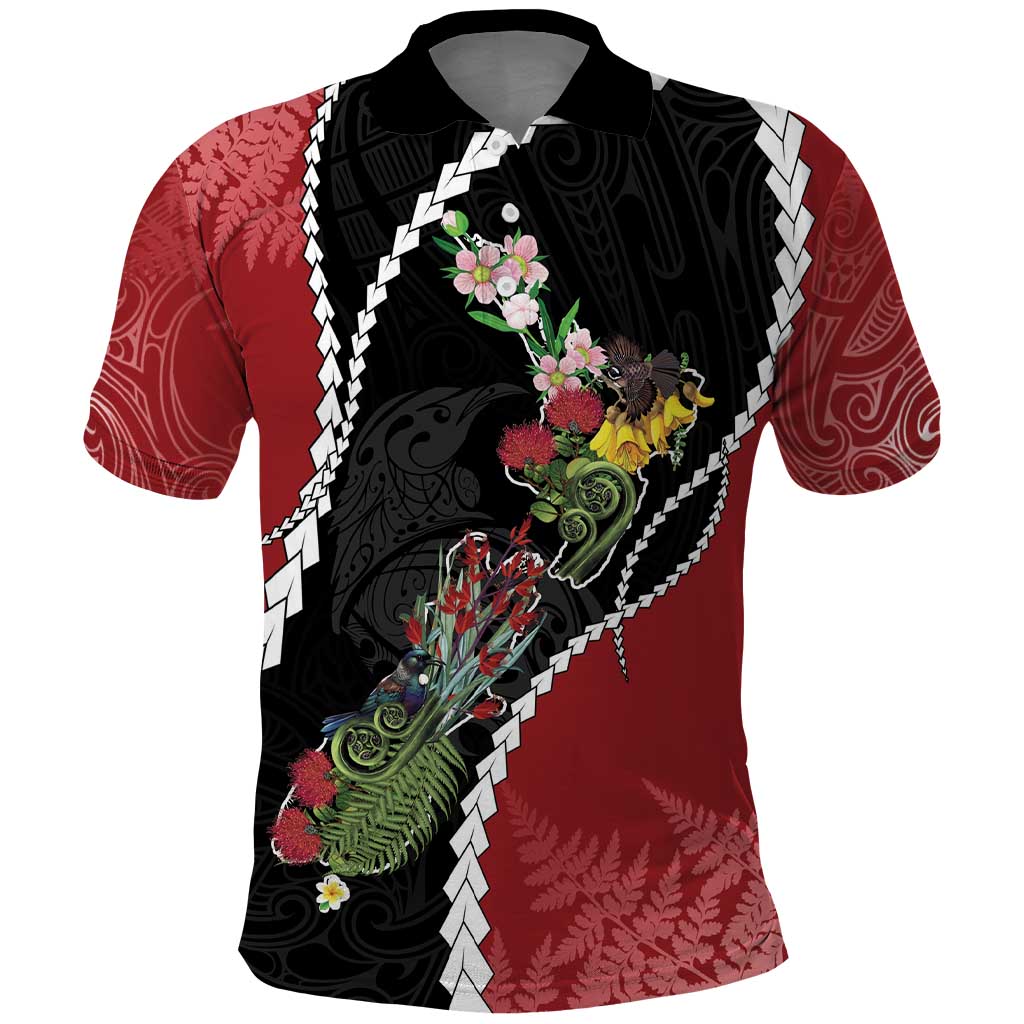 New Zealand Christmas Polo Shirt Flora Map with Birds - Polynesian Pride