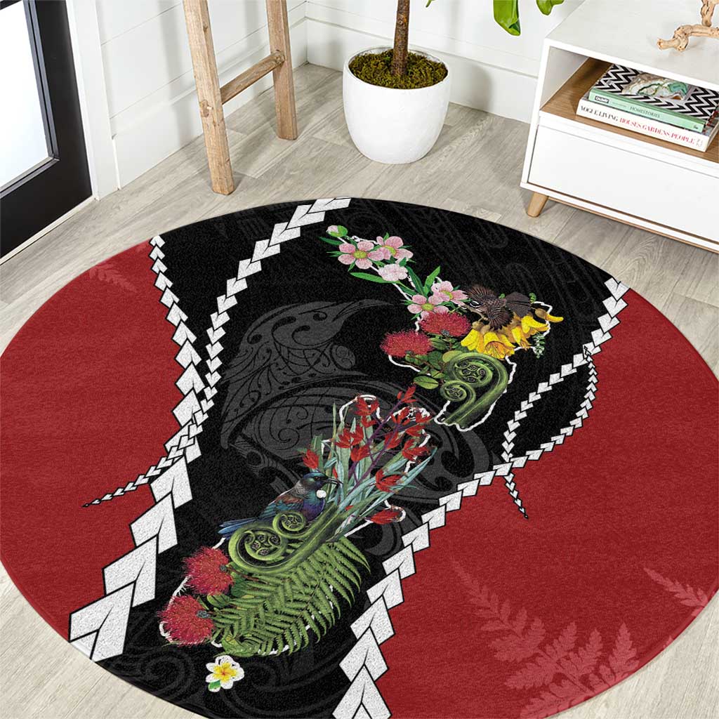 New Zealand Christmas Round Carpet Flora Map with Birds LT7 Black - Polynesian Pride