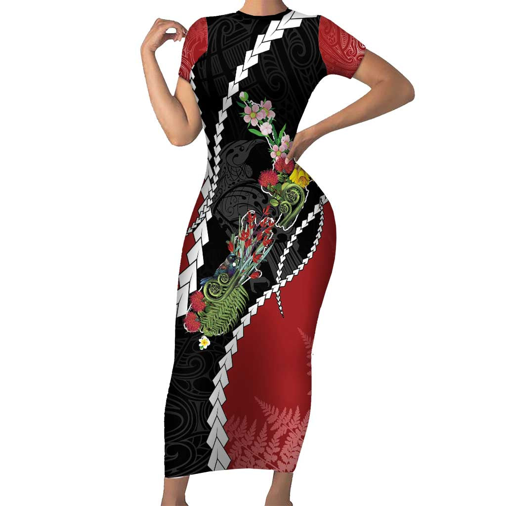 New Zealand Christmas Short Sleeve Bodycon Dress Flora Map with Birds LT7 Long Dress Black - Polynesian Pride