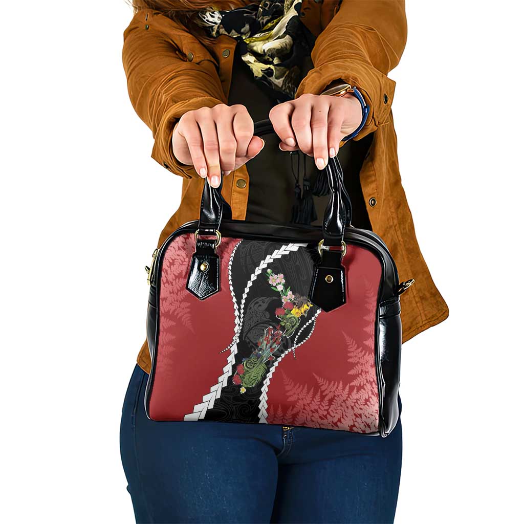 New Zealand Christmas Shoulder Handbag Flora Map with Birds LT7 One Size Black - Polynesian Pride