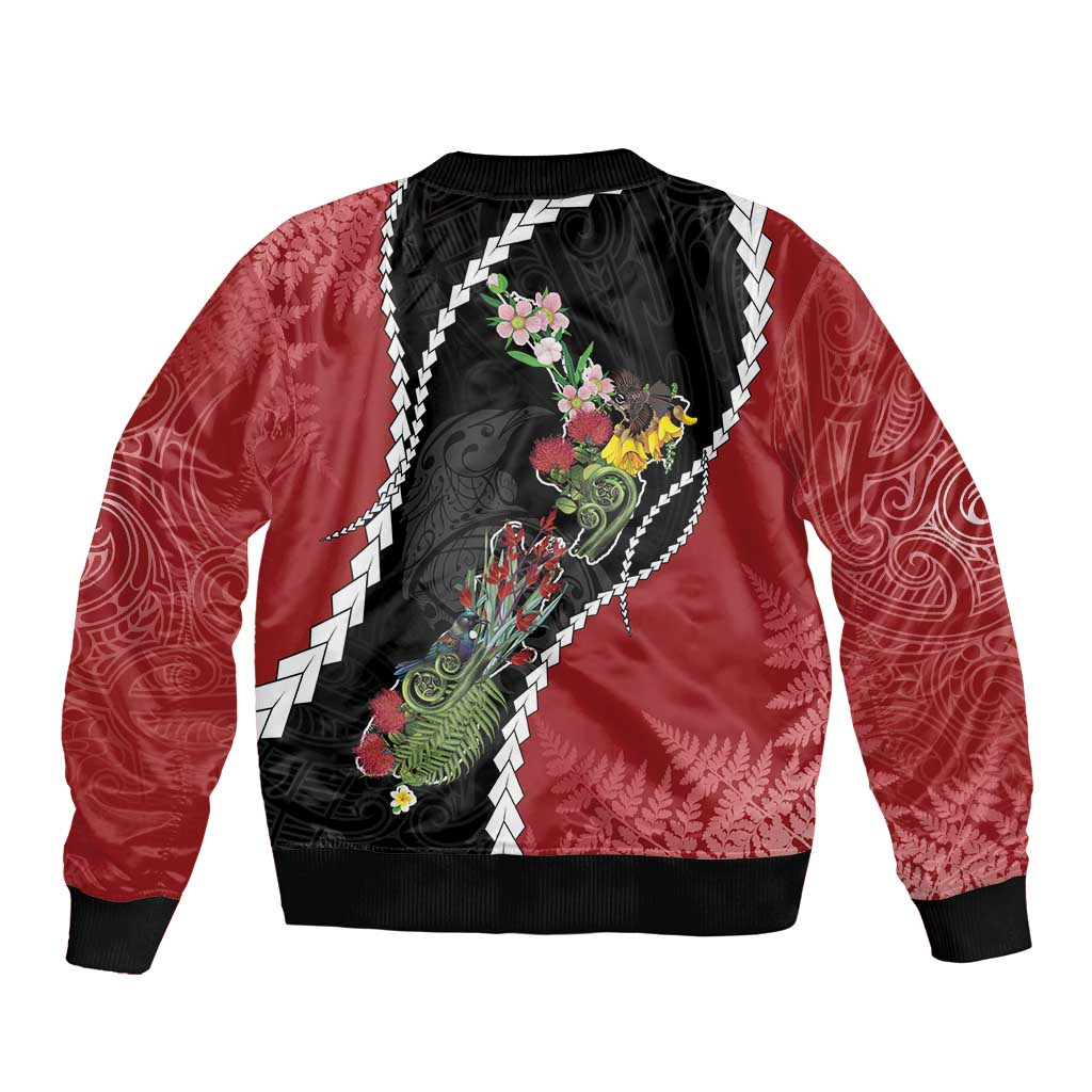 New Zealand Christmas Sleeve Zip Bomber Jacket Flora Map with Birds - Polynesian Pride