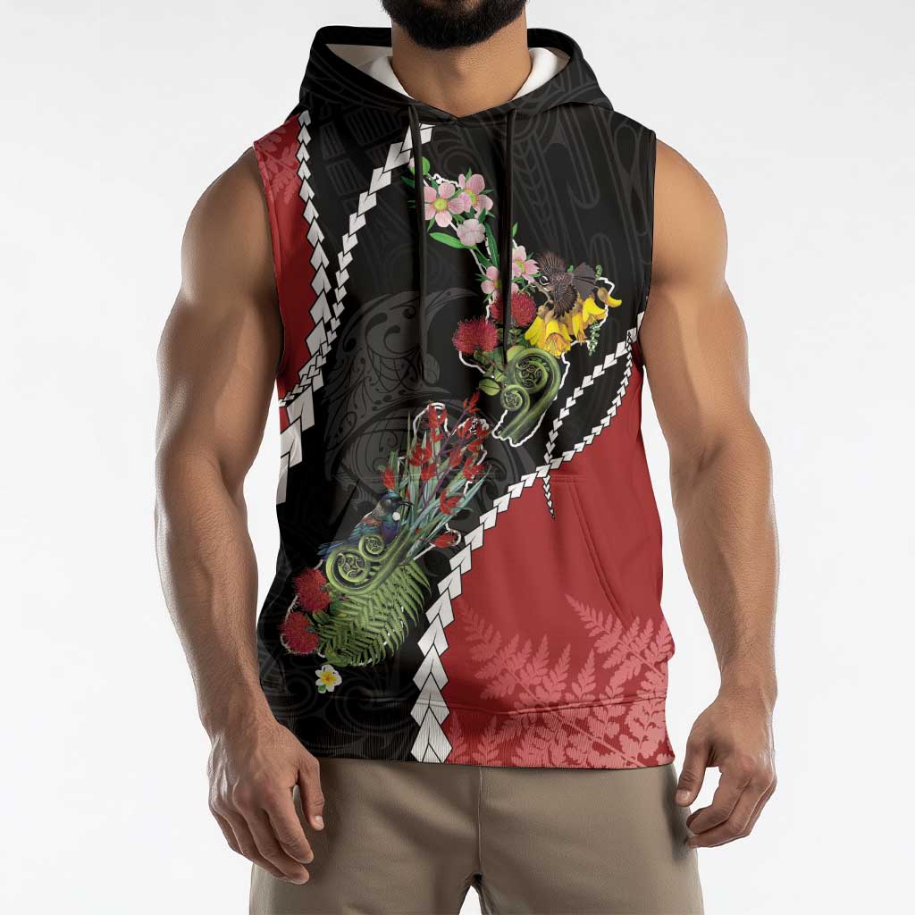 New Zealand Christmas Sleeveless Hoodie Flora Map with Birds - Polynesian Pride
