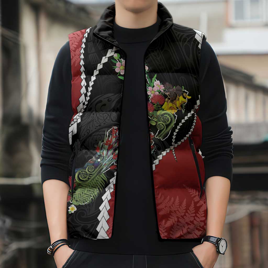 New Zealand Christmas Sleeveless Puffer Jacket Flora Map with Birds - Polynesian Pride