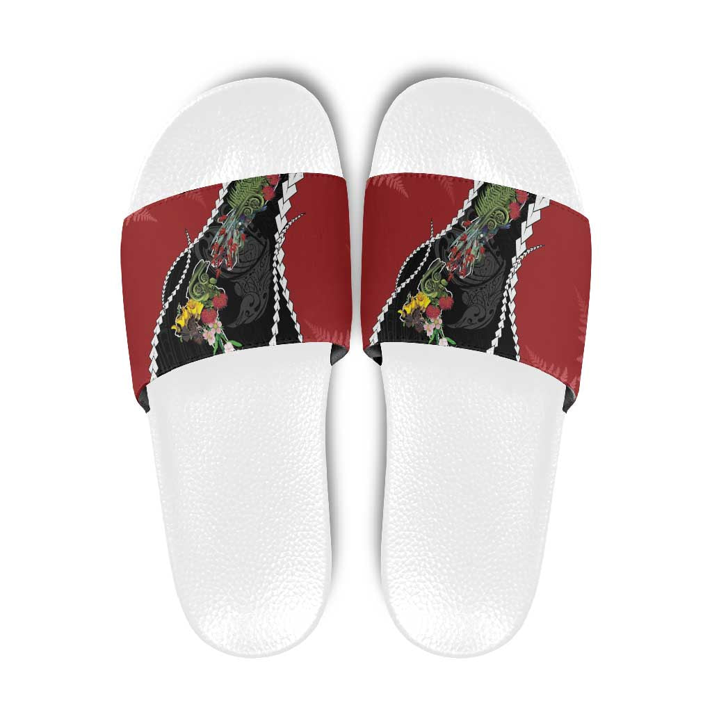 New Zealand Christmas Slide Sandals Flora Map with Birds LT7 Black - Polynesian Pride