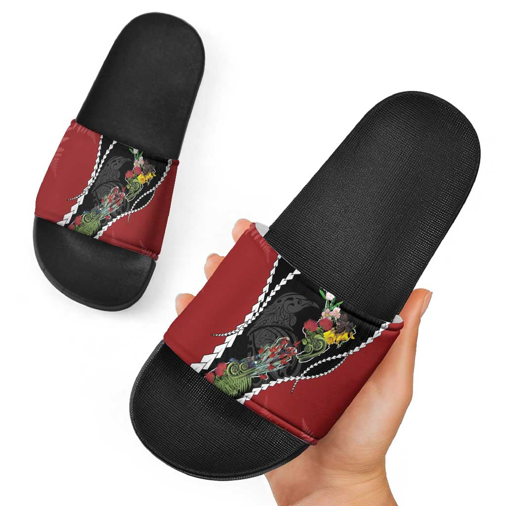 New Zealand Christmas Slide Sandals Flora Map with Birds LT7 - Polynesian Pride