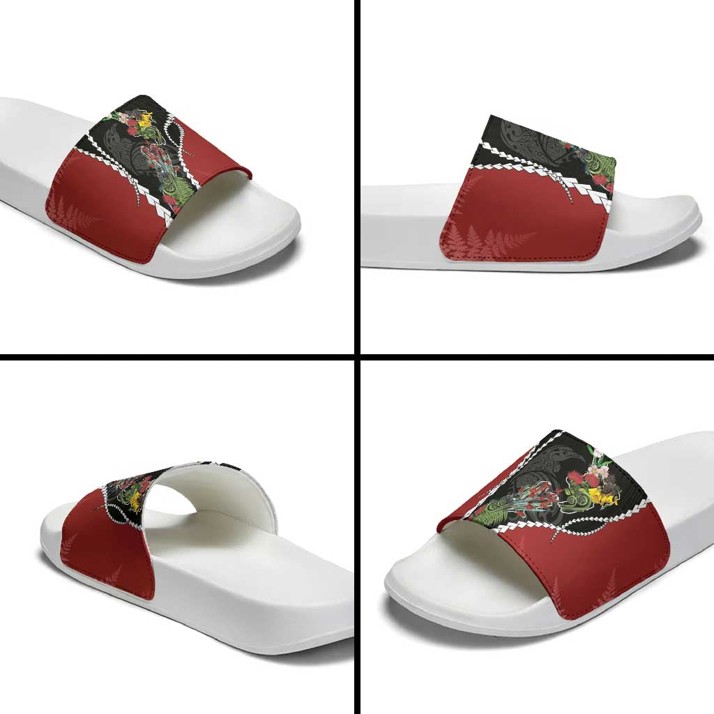 New Zealand Christmas Slide Sandals Flora Map with Birds LT7 - Polynesian Pride