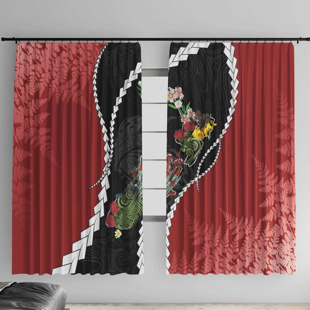 New Zealand Christmas Window Curtain Flora Map with Birds LT7 With Hooks Black - Polynesian Pride
