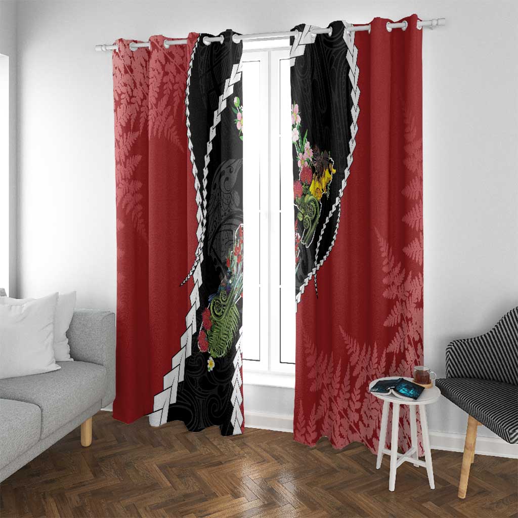 New Zealand Christmas Window Curtain Flora Map with Birds LT7 With Grommets Black - Polynesian Pride