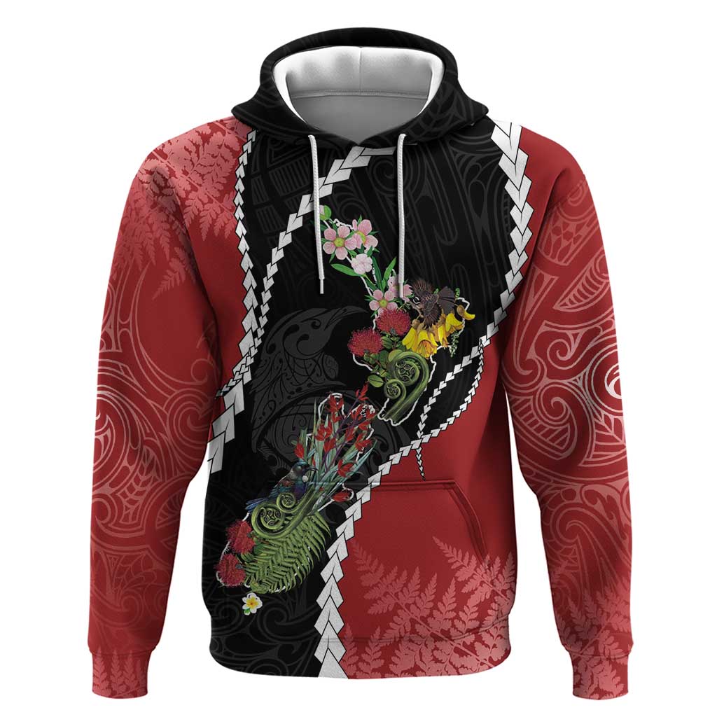 New Zealand Christmas Zip Hoodie Flora Map with Birds - Polynesian Pride