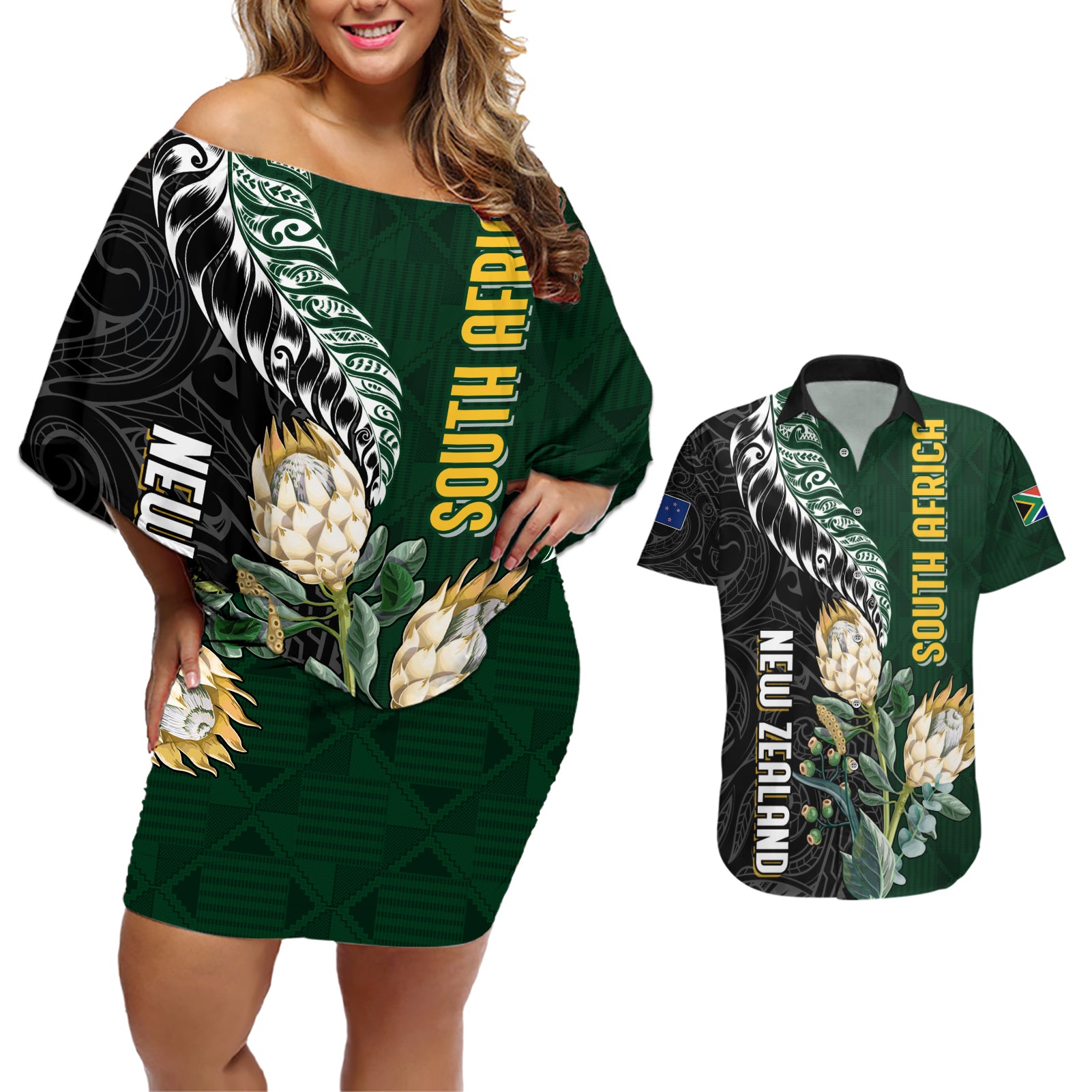 Custom South Africa Mix New Zealand Rugby 2023 Couples Matching Off Shoulder Short Dress and Hawaiian Shirt World Cup Greatest Rivalry LT7 Black Green - Polynesian Pride