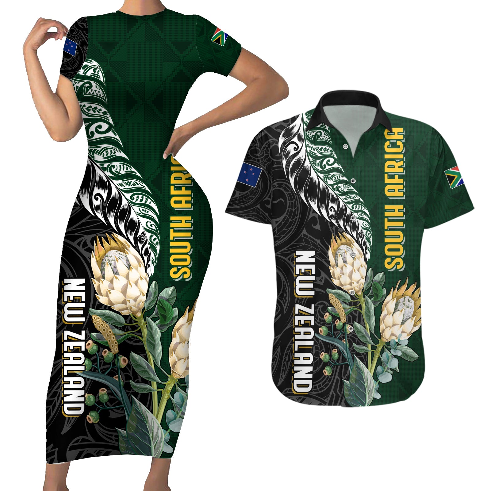 Custom South Africa Mix New Zealand Rugby 2023 Couples Matching Short Sleeve Bodycon Dress and Hawaiian Shirt World Cup Greatest Rivalry LT7 Black Green - Polynesian Pride