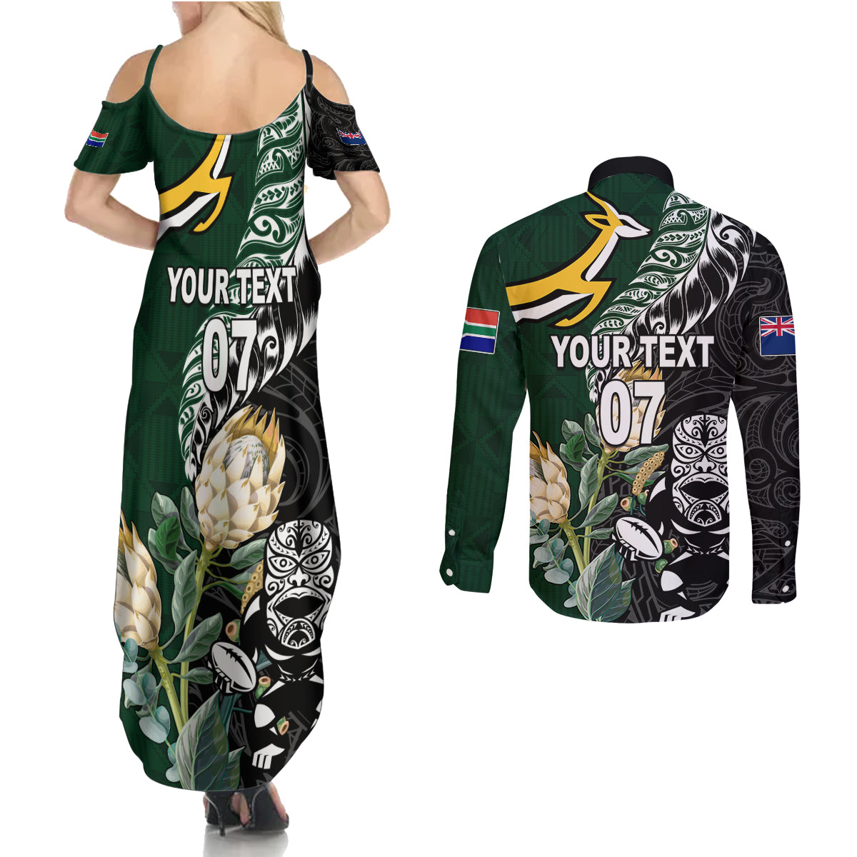 Custom South Africa Mix New Zealand Rugby 2023 Couples Matching Summer Maxi Dress and Long Sleeve Button Shirt World Cup Greatest Rivalry LT7 - Polynesian Pride