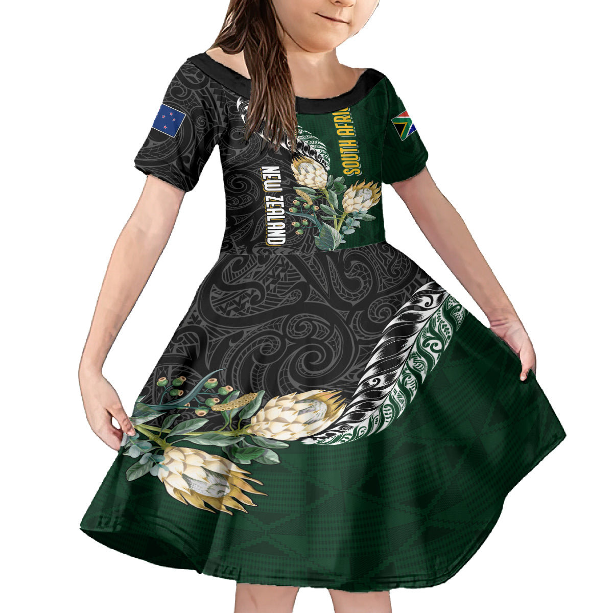 Custom South Africa Mix New Zealand Rugby 2023 Family Matching Puletasi Dress and Hawaiian Shirt World Cup Greatest Rivalry LT7 Daughter's Dress Black Green - Polynesian Pride