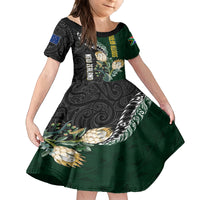 Custom South Africa Mix New Zealand Rugby 2023 Family Matching Summer Maxi Dress and Hawaiian Shirt World Cup Greatest Rivalry LT7 Daughter's Dress Black Green - Polynesian Pride