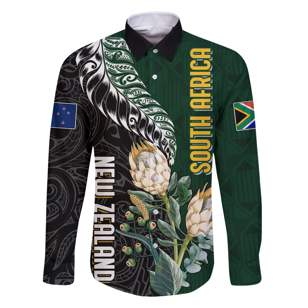 Custom South Africa Mix New Zealand Rugby 2023 Family Matching Tank Maxi Dress and Hawaiian Shirt World Cup Greatest Rivalry LT7 Dad's Shirt - Long Sleeve Black Green - Polynesian Pride