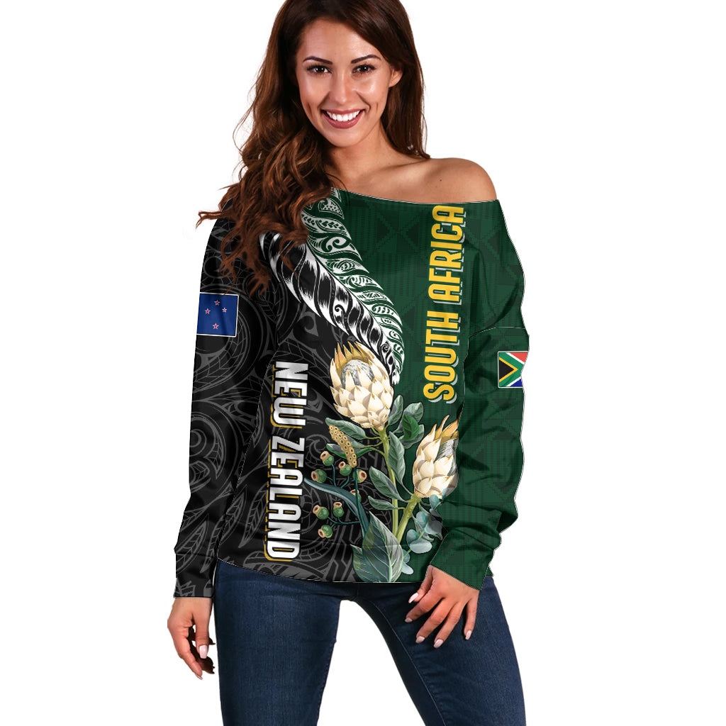 Custom South Africa Mix New Zealand Rugby 2023 Off Shoulder Sweater World Cup Greatest Rivalry LT7 Women Black Green - Polynesian Pride