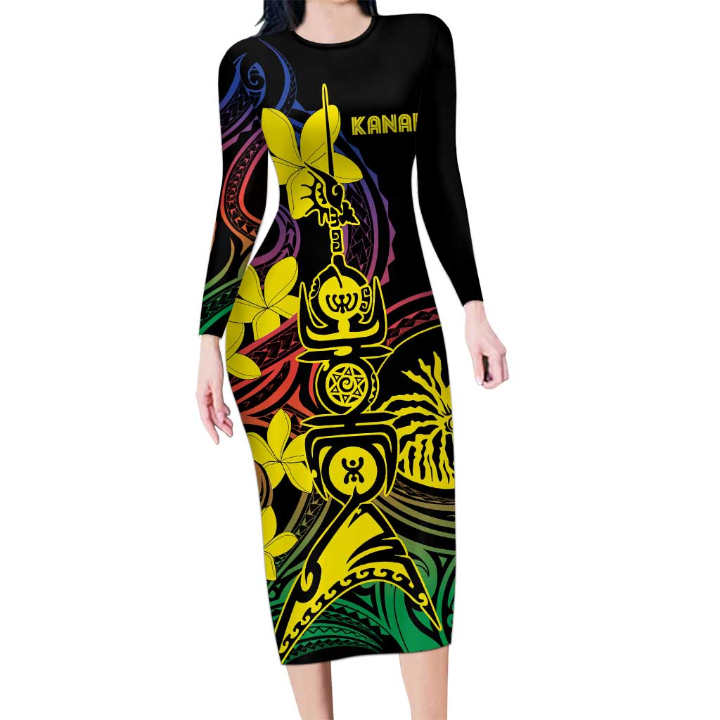 New Caledonia Kanaky Personalized Family Matching Long Sleeve Bodycon Dress and Hawaiian Shirt Fleche Faitiere - Plumeria LT7 Mom's Dress Colorful - Polynesian Pride