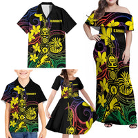 New Caledonia Kanaky Personalized Family Matching Off Shoulder Maxi Dress and Hawaiian Shirt Fleche Faitiere - Plumeria LT7 - Polynesian Pride