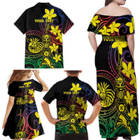 New Caledonia Kanaky Personalized Family Matching Off Shoulder Maxi Dress and Hawaiian Shirt Fleche Faitiere - Plumeria LT7 - Polynesian Pride