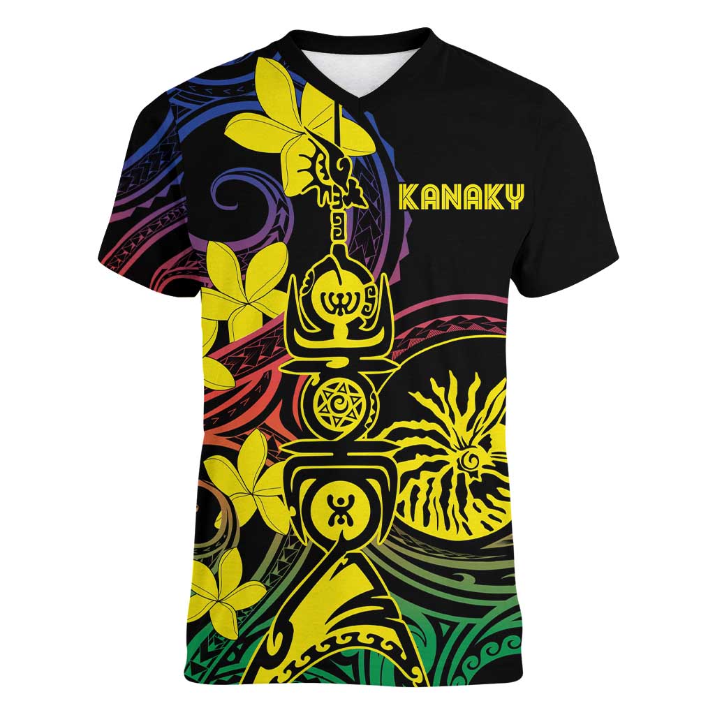 New Caledonia Kanaky Personalized Women V-Neck T-Shirt Fleche Faitiere - Plumeria LT7 Female Colorful - Polynesian Pride