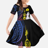 New Caledonia Kanaky Personalized Family Matching Tank Maxi Dress and Hawaiian Shirt Fleche Faitiere Mix Kagu LT7 Daughter's Dress Colorful - Polynesian Pride