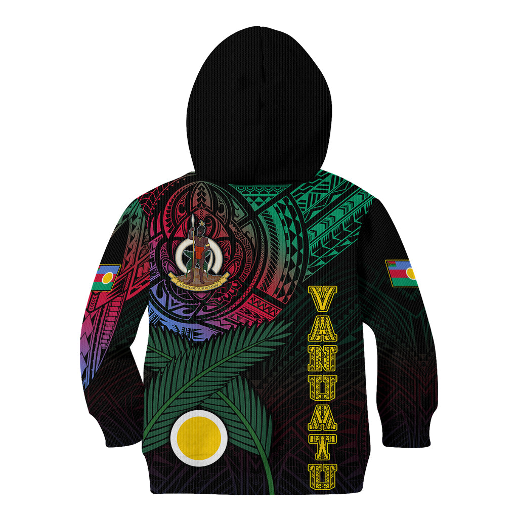 Personalised Vanuatu Kid Hoodie Turtle Chest Tattoo Flag Color - Shefa LT7 Zip Hoodie Black - Polynesian Pride