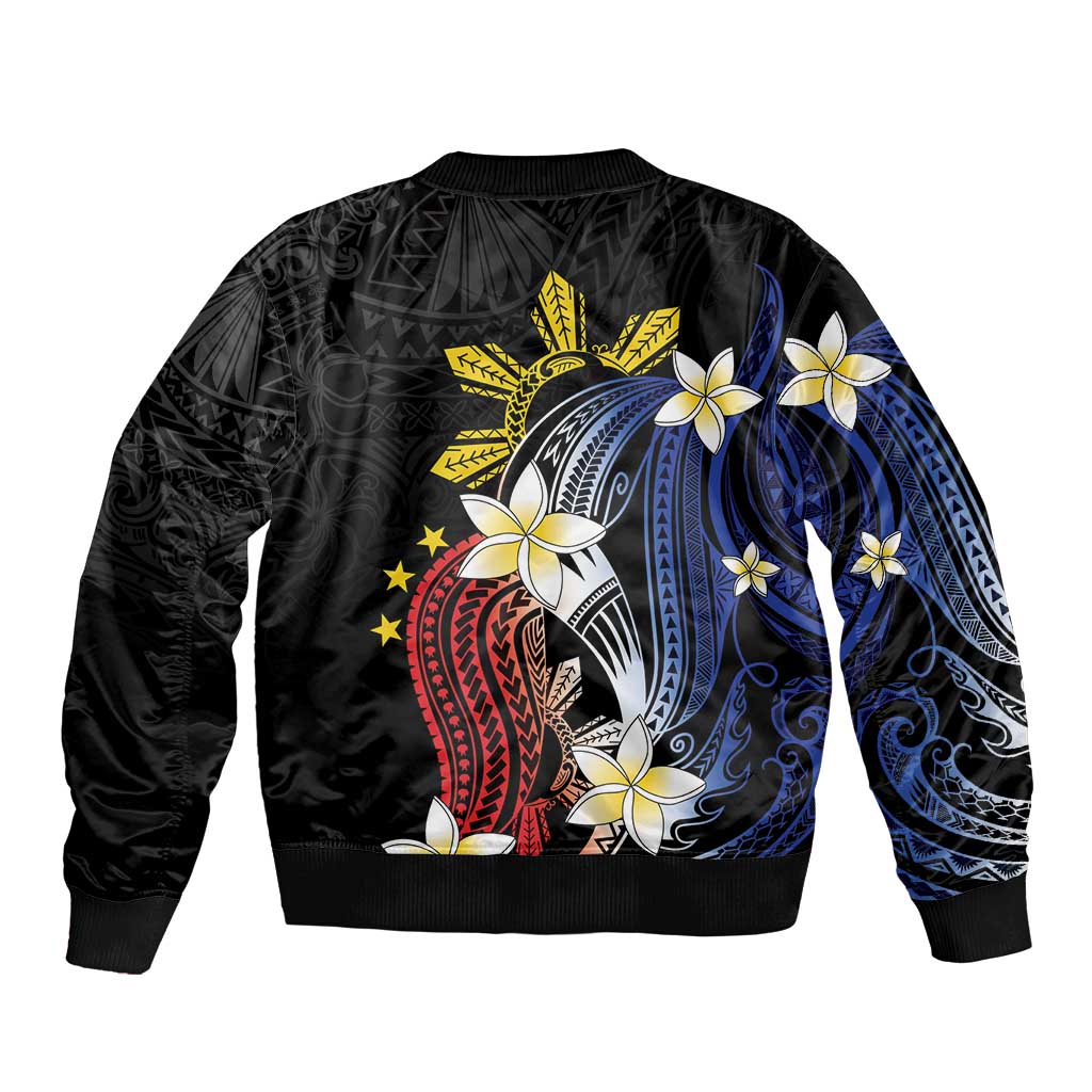 Personalized Philippines Tribal Bomber Jacket Tropical Waves - Plumeria