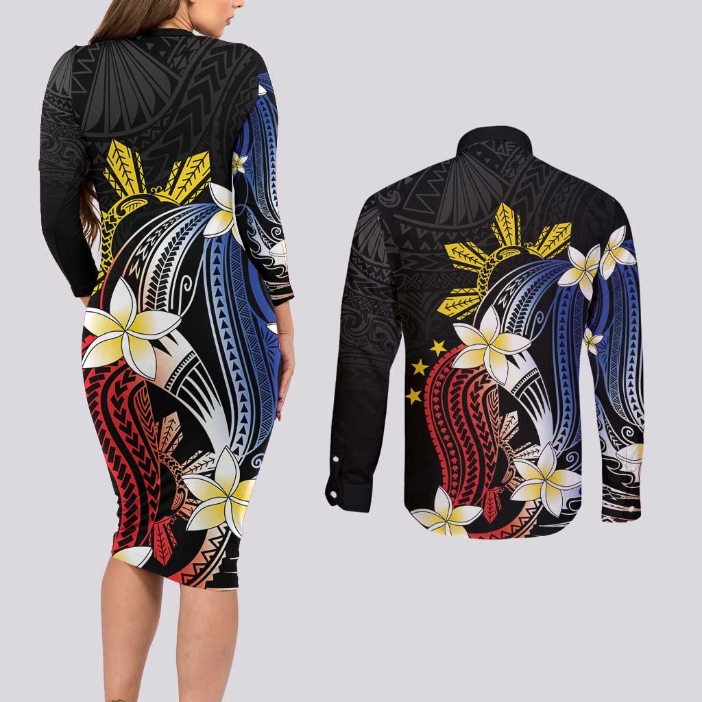 Personalized Philippines Tribal Couples Matching Long Sleeve Bodycon Dress and Long Sleeve Button Shirt Tropical Waves - Plumeria