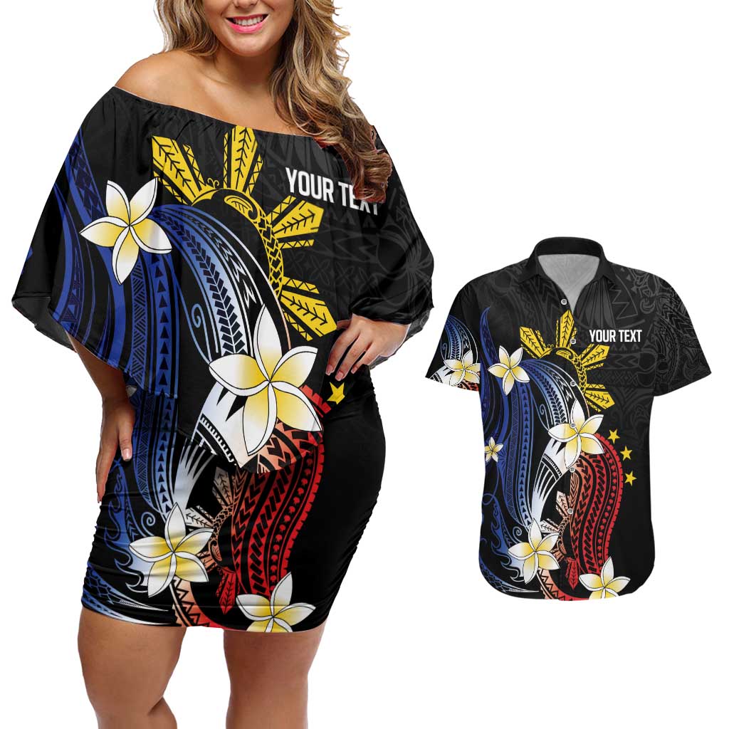 Personalized Philippines Tribal Couples Matching Off Shoulder Short Dress and Hawaiian Shirt Tropical Waves - Plumeria