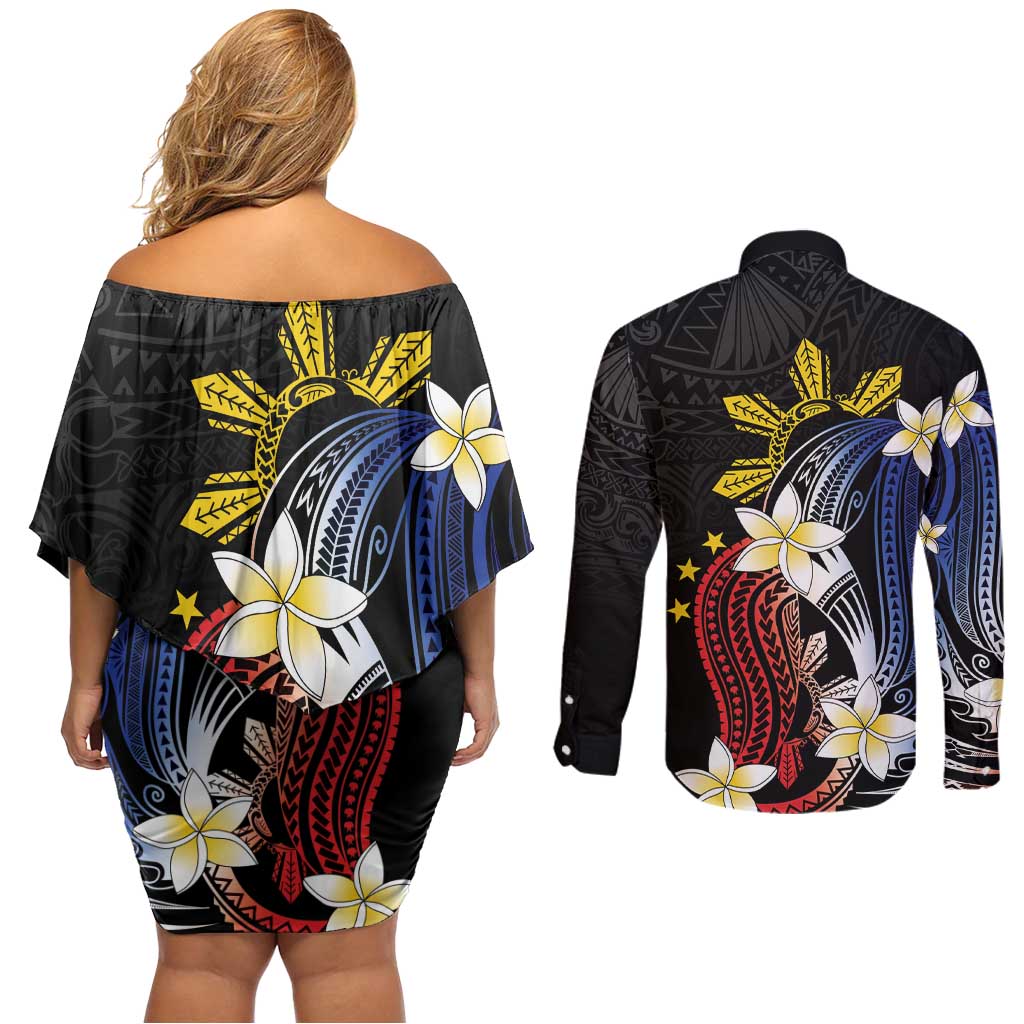 Personalized Philippines Tribal Couples Matching Off Shoulder Short Dress and Long Sleeve Button Shirt Tropical Waves - Plumeria