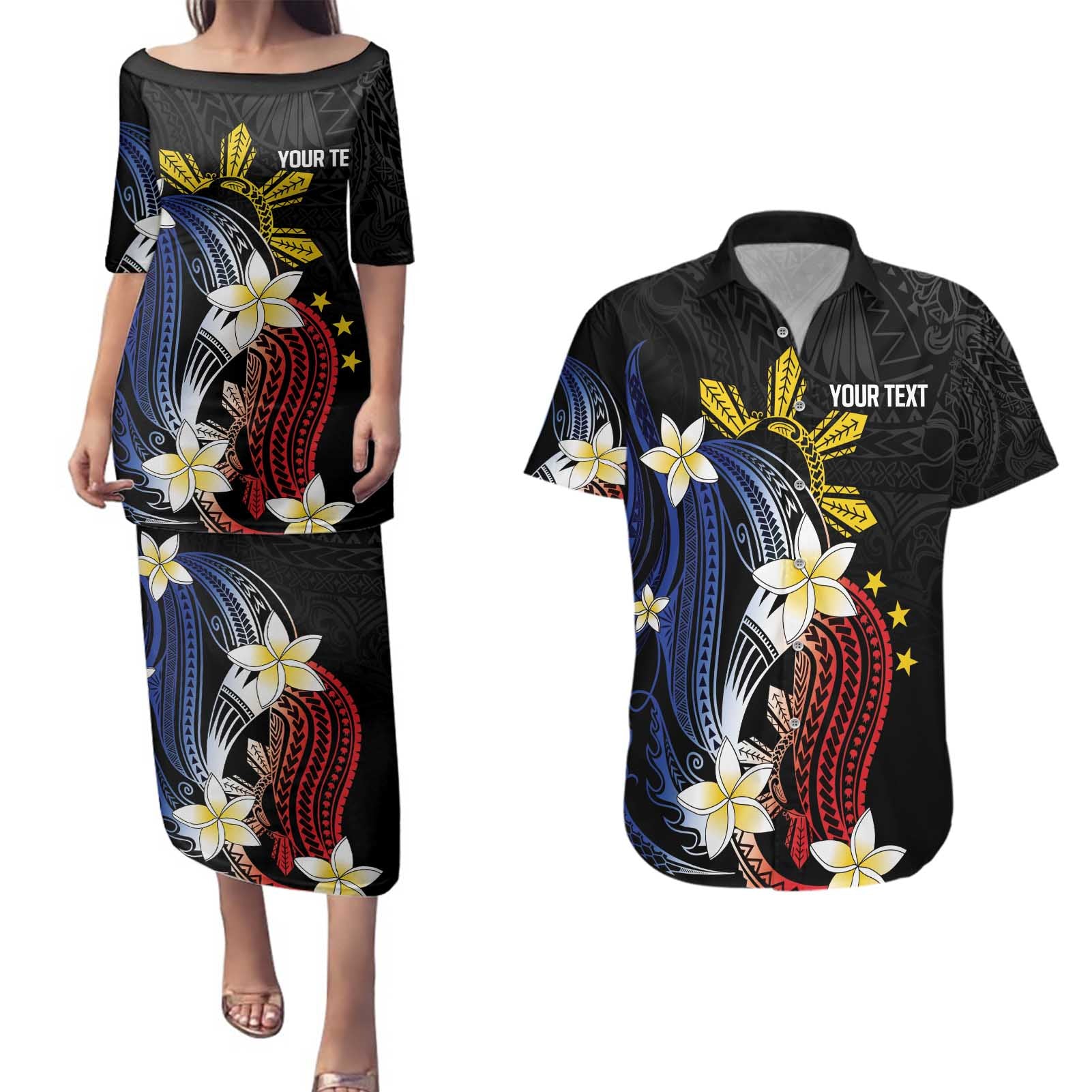 Personalized Philippines Tribal Couples Matching Puletasi and Hawaiian Shirt Tropical Waves - Plumeria