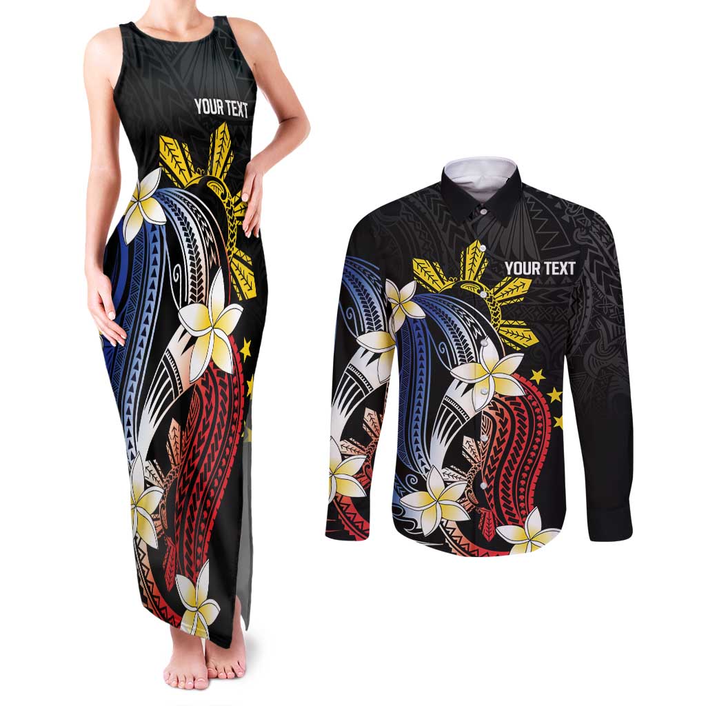 Personalized Philippines Tribal Couples Matching Tank Maxi Dress and Long Sleeve Button Shirt Tropical Waves - Plumeria