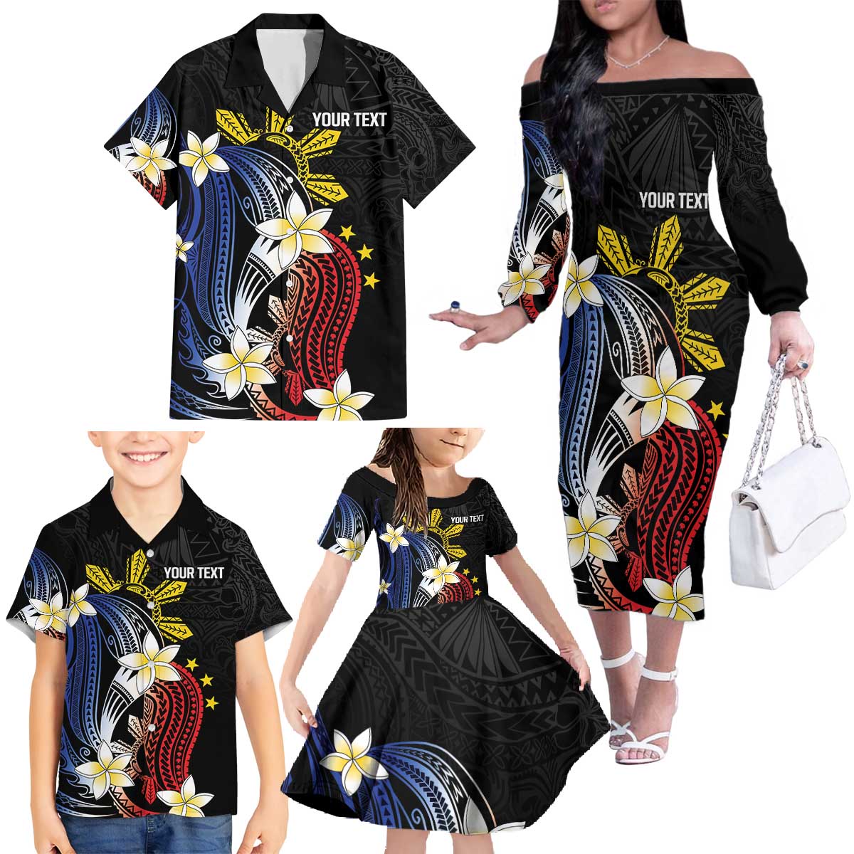 Personalized Philippines Tribal Family Matching Off The Shoulder Long Sleeve Dress and Hawaiian Shirt Tropical Waves - Plumeria