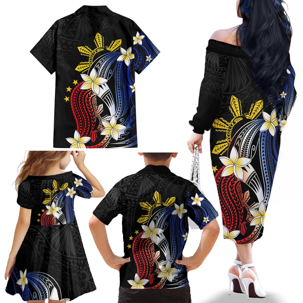 Personalized Philippines Tribal Family Matching Off The Shoulder Long Sleeve Dress and Hawaiian Shirt Tropical Waves - Plumeria
