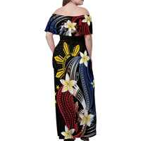 Personalized Philippines Tribal Family Matching Off Shoulder Maxi Dress and Hawaiian Shirt Tropical Waves - Plumeria