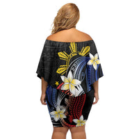 Personalized Philippines Tribal Family Matching Off Shoulder Short Dress and Hawaiian Shirt Tropical Waves - Plumeria