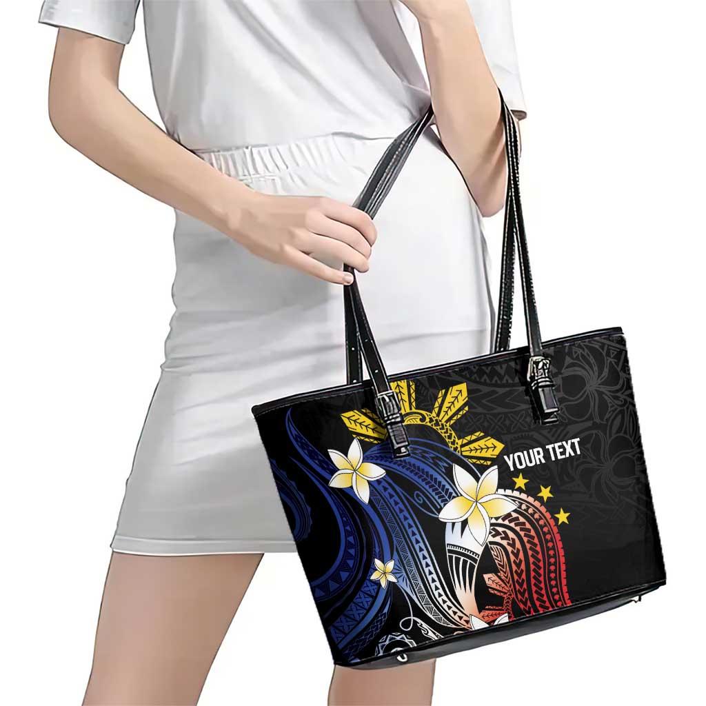 Personalized Philippines Tribal Leather Tote Bag Tropical Waves - Plumeria