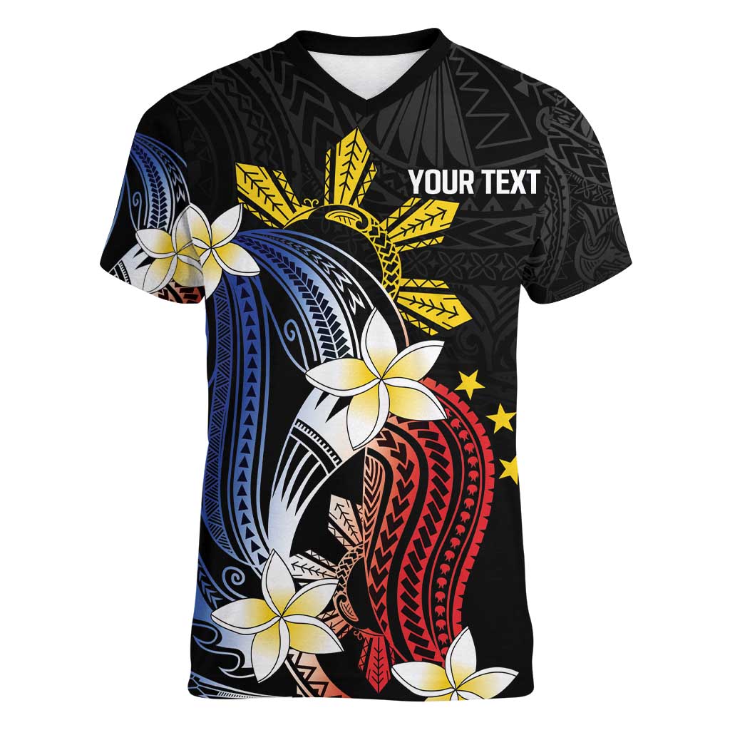 Personalized Philippines Tribal Women V-Neck T-Shirt Tropical Waves - Plumeria