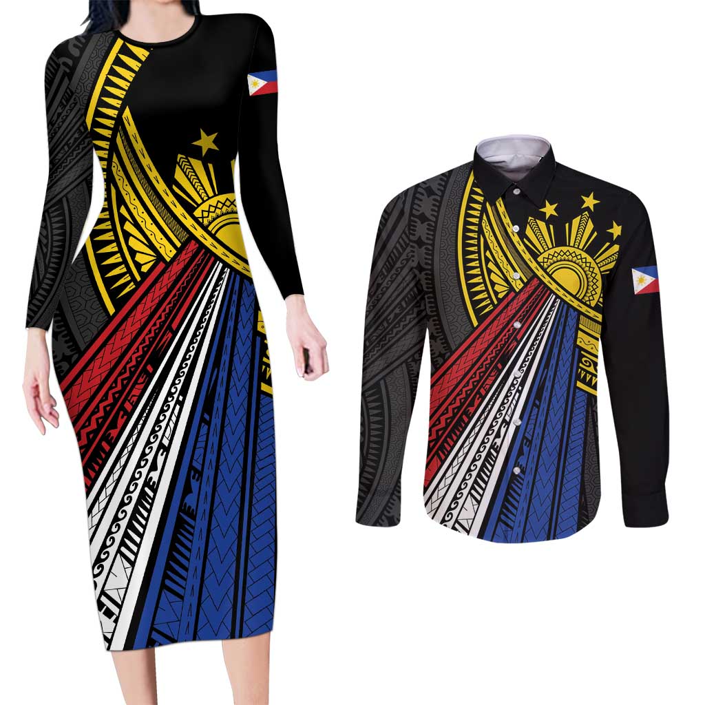 Philippines Sun Couples Matching Long Sleeve Bodycon Dress and Long Sleeve Button Shirt Pasifika Tribal Style