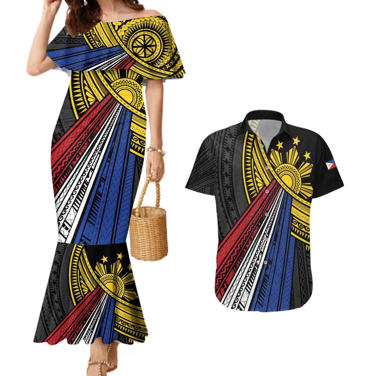 Philippines Sun Couples Matching Mermaid Dress and Hawaiian Shirt Pasifika Tribal Style