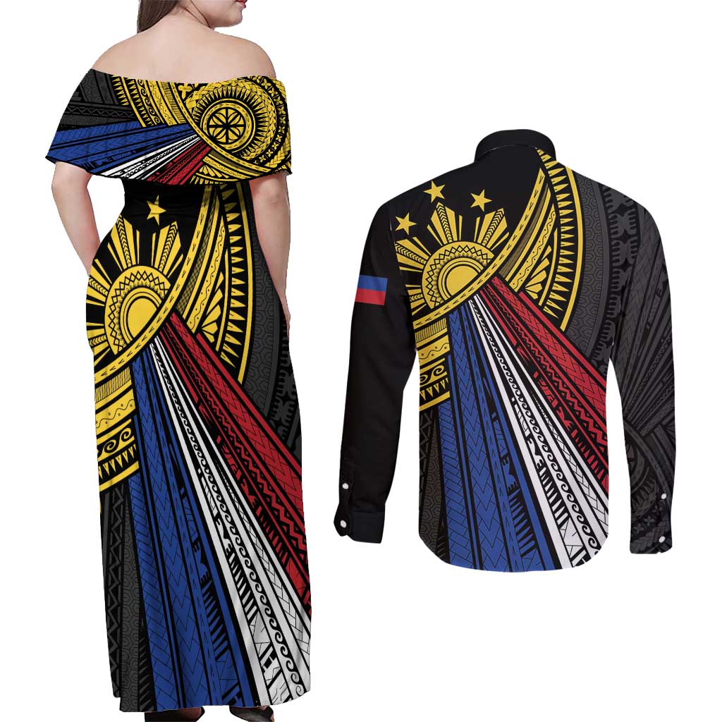 Philippines Sun Couples Matching Off Shoulder Maxi Dress and Long Sleeve Button Shirt Pasifika Tribal Style