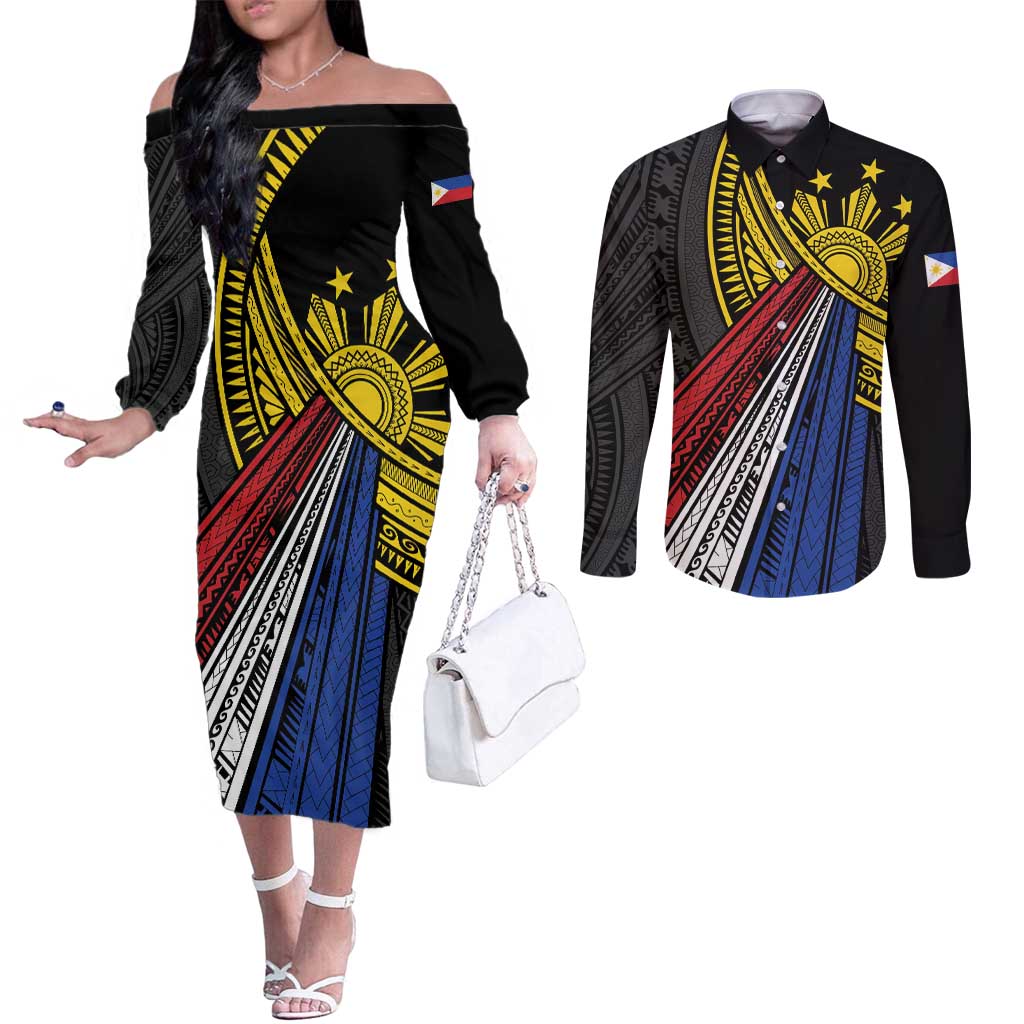Philippines Sun Couples Matching Off The Shoulder Long Sleeve Dress and Long Sleeve Button Shirt Pasifika Tribal Style
