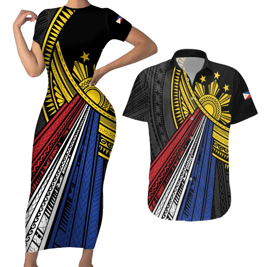 Philippines Sun Couples Matching Short Sleeve Bodycon Dress and Hawaiian Shirt Pasifika Tribal Style