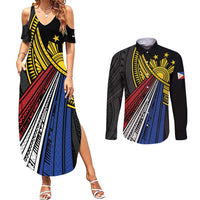 Philippines Sun Couples Matching Summer Maxi Dress and Long Sleeve Button Shirt Pasifika Tribal Style