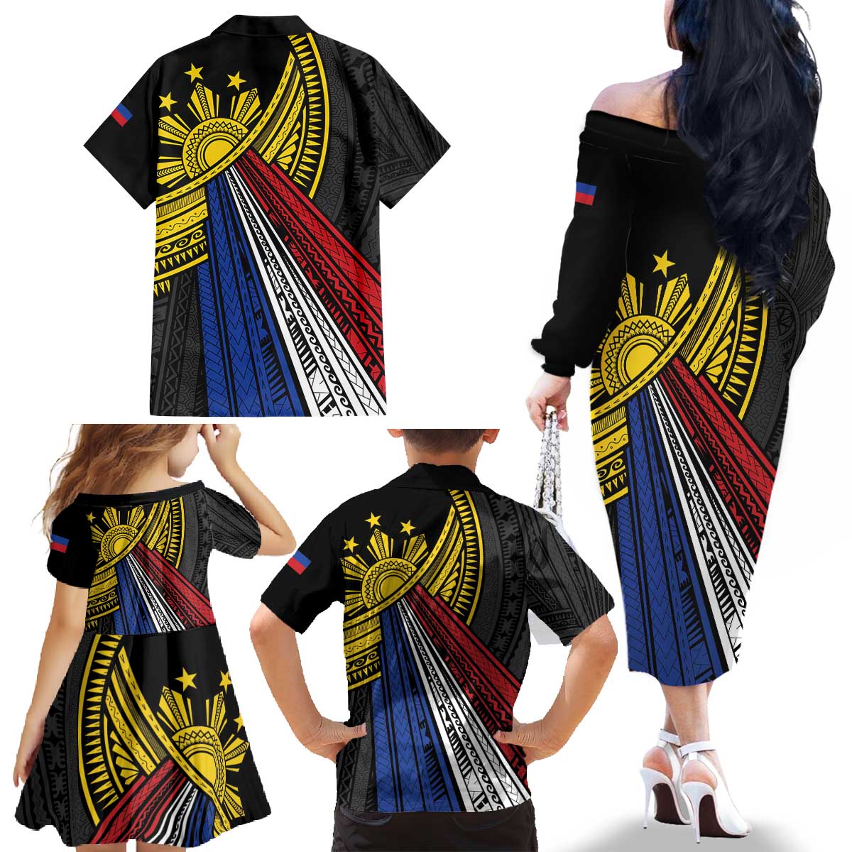 Philippines Sun Family Matching Off The Shoulder Long Sleeve Dress and Hawaiian Shirt Pasifika Tribal Style