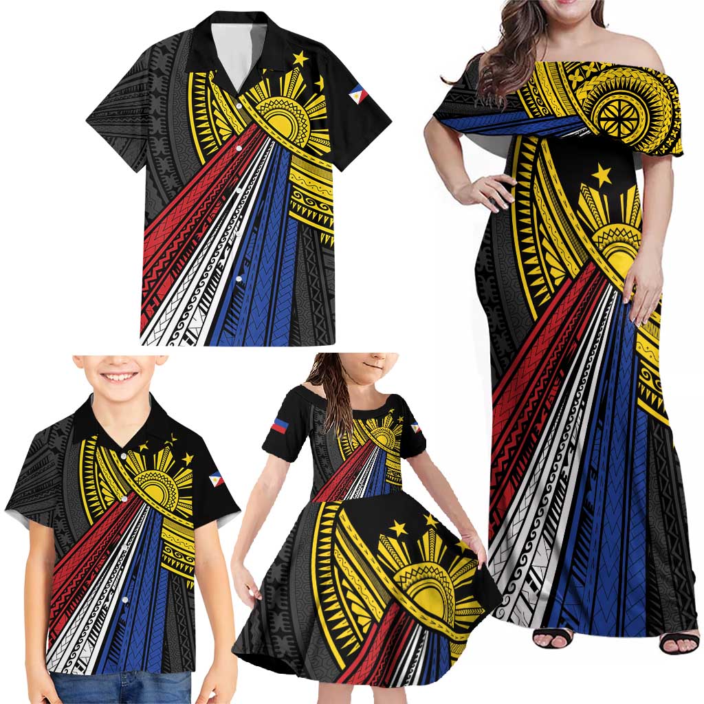 Philippines Sun Family Matching Off Shoulder Maxi Dress and Hawaiian Shirt Pasifika Tribal Style