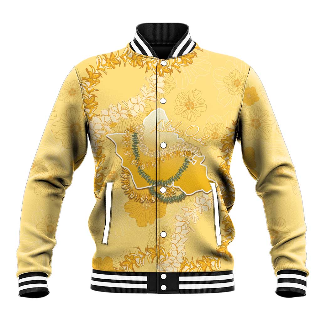 Hawaii Oahu Island Flowers Lei Baseball Jacket Yellow Ilima Mix Plumeria LT7 Unisex Yellow - Polynesian Pride