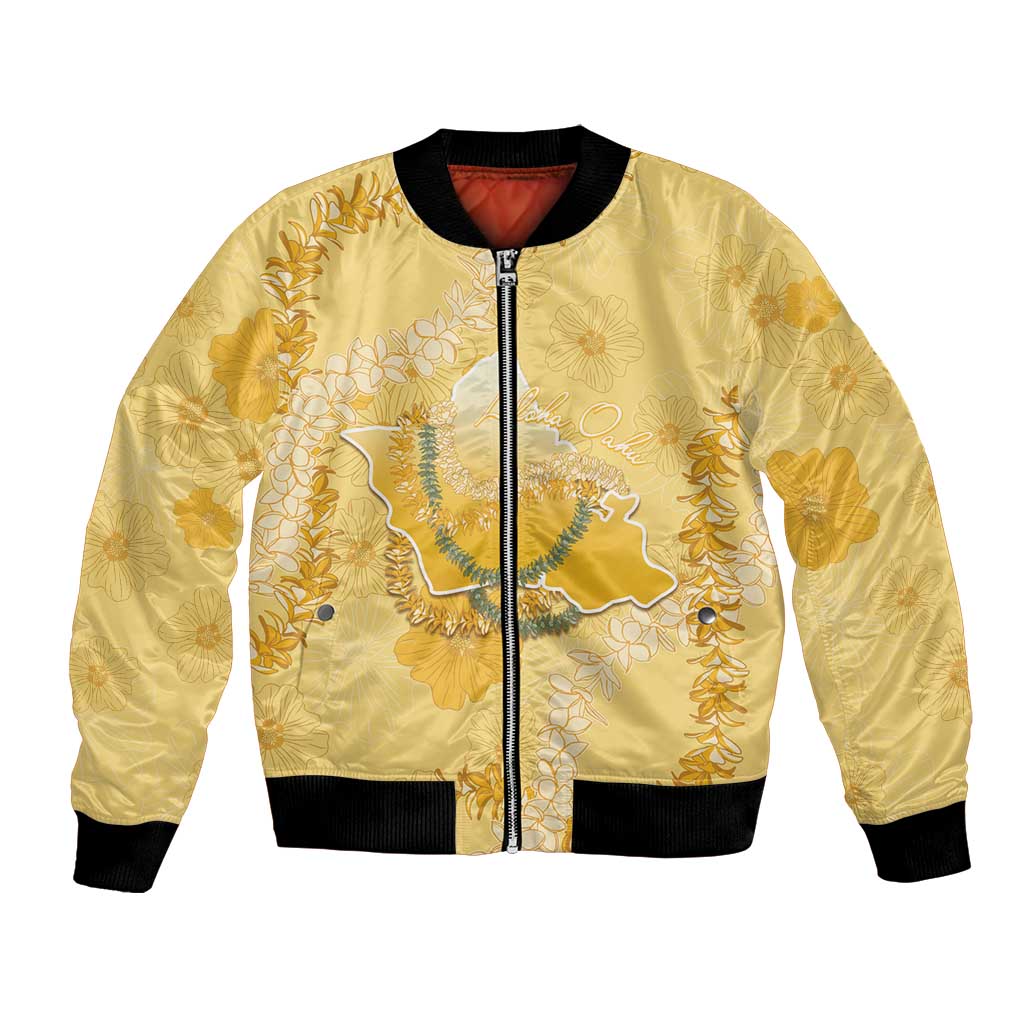 Hawaii Oahu Island Flowers Lei Bomber Jacket Yellow Ilima Mix Plumeria